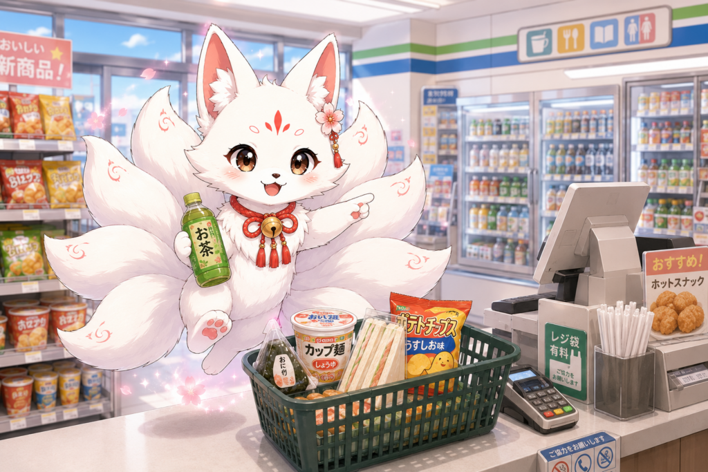 Saki, the nine-tailed white fox, shopping at a Japanese convenience store