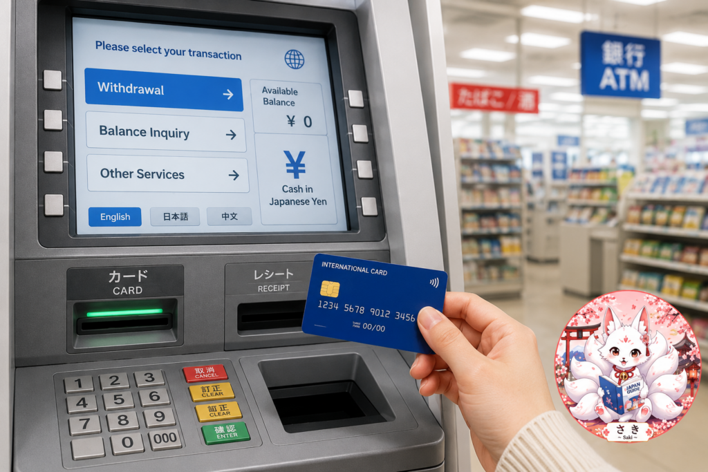 A hand holding a foreign bank card in front of an ATM in Japan, with the Saki mascot in the lower-right corner