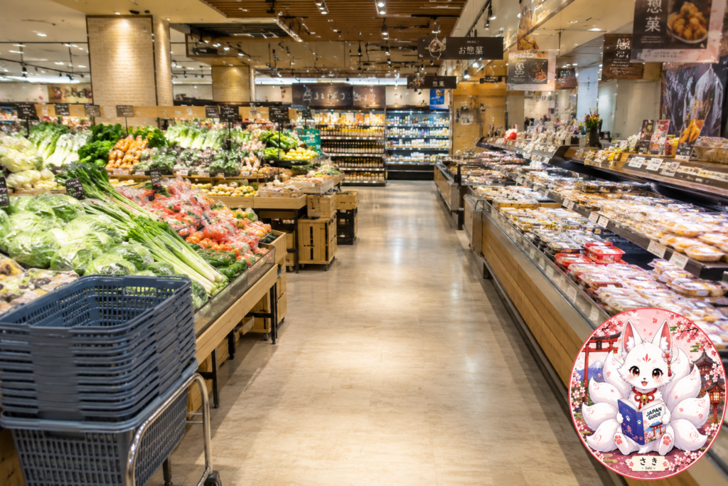 Interior of a Japanese supermarket with fresh vegetables, prepared food, and a shopping basket