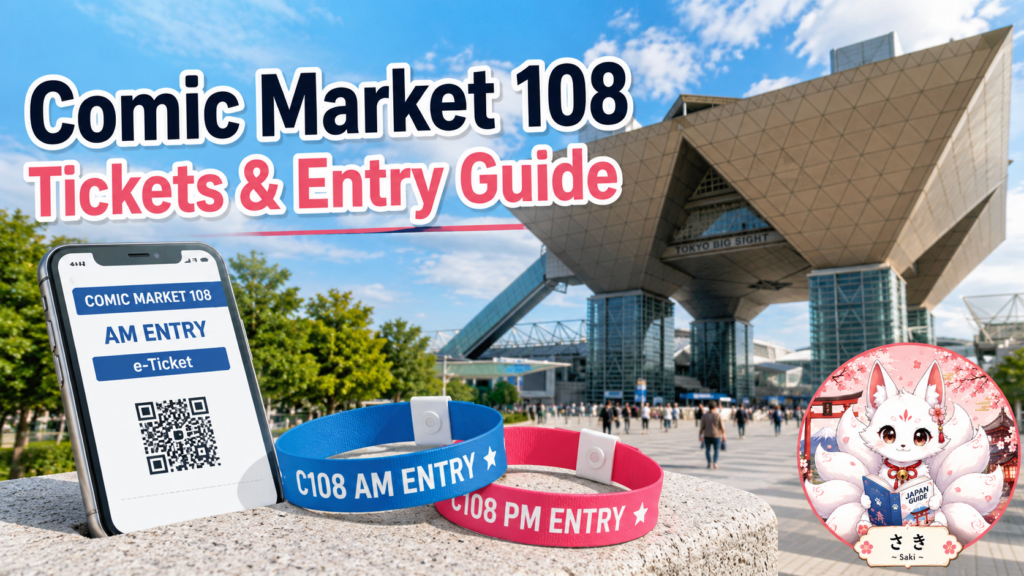 Tokyo Big Sight with a smartphone e-ticket, C108 AM and PM entry wristbands, and the Saki mascot.
