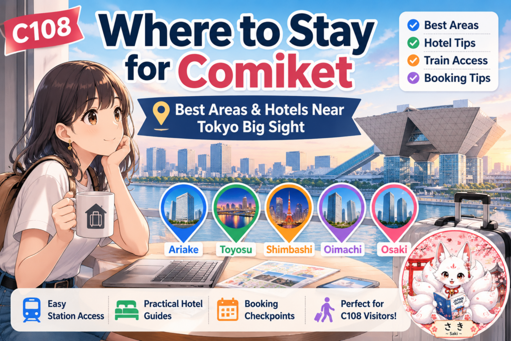 Guide to the best hotel areas near Tokyo Big Sight for Comic Market 108, including Ariake, Toyosu, Shimbashi, Oimachi, and Osaki