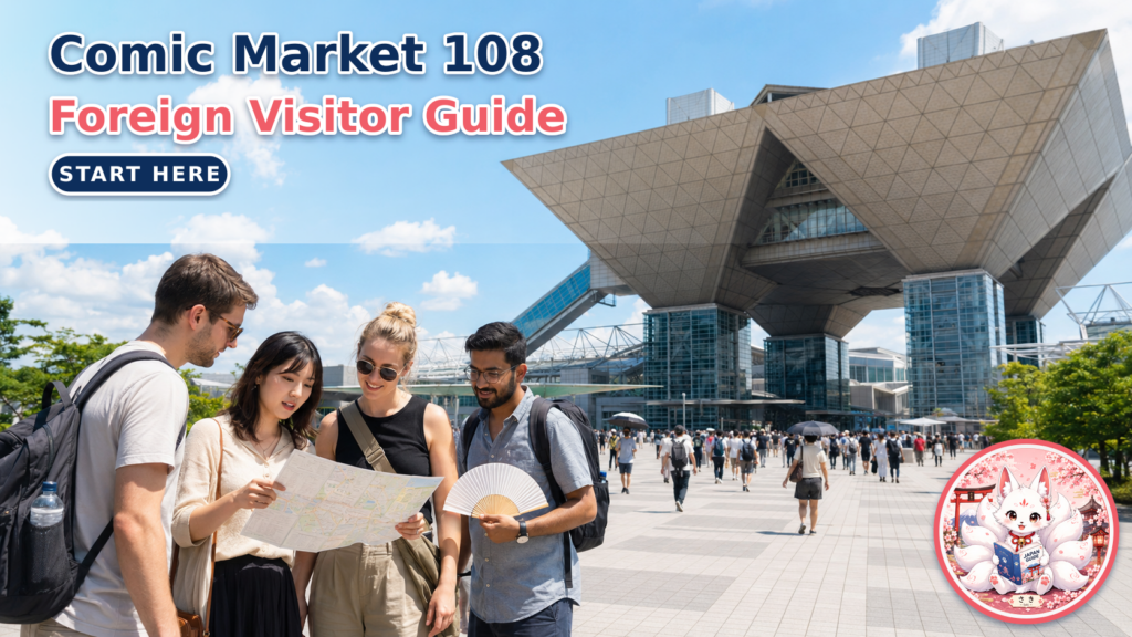 First-time international visitors checking a map outside Tokyo Big Sight before Comic Market 108, with the Saki guide icon