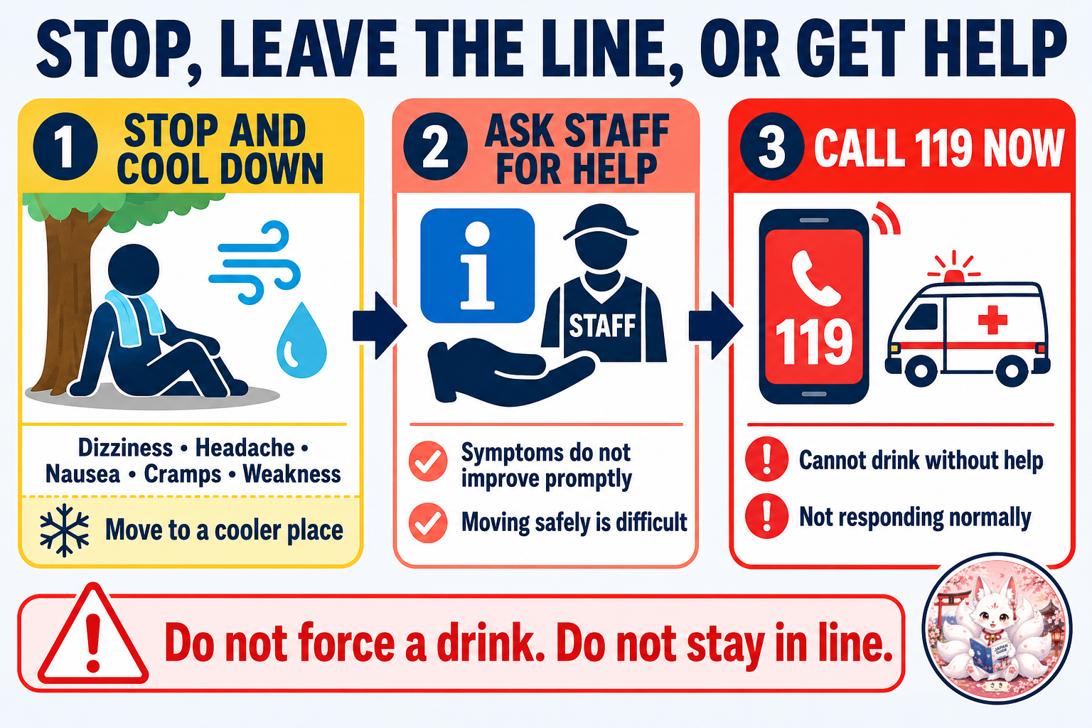 Heat illness guide showing when to stop, ask staff, or call 119