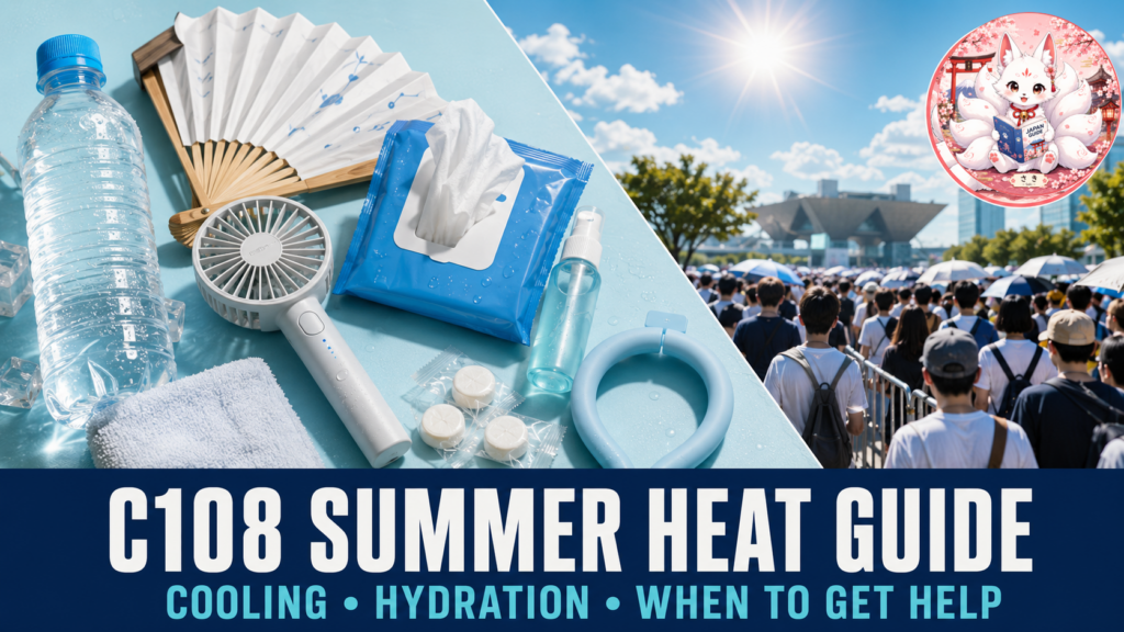 Cooling products and a crowded summer queue for Comic Market 108 at Tokyo Big Sight