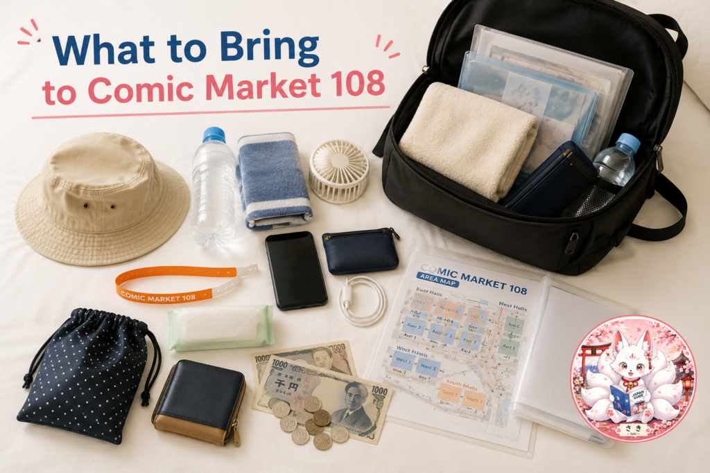 Comic Market 108 packing checklist with an open backpack, wristband, phone, power bank, cash, drink, hat, towel, map, and document case