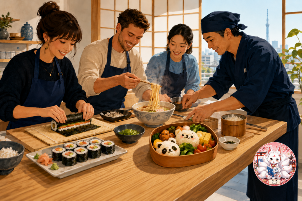 Tourists making sushi, ramen, and bento in a Tokyo cooking class