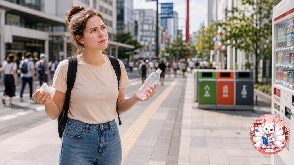 Foreign tourist holding an empty bottle while looking for a trash bin on a street in Japan