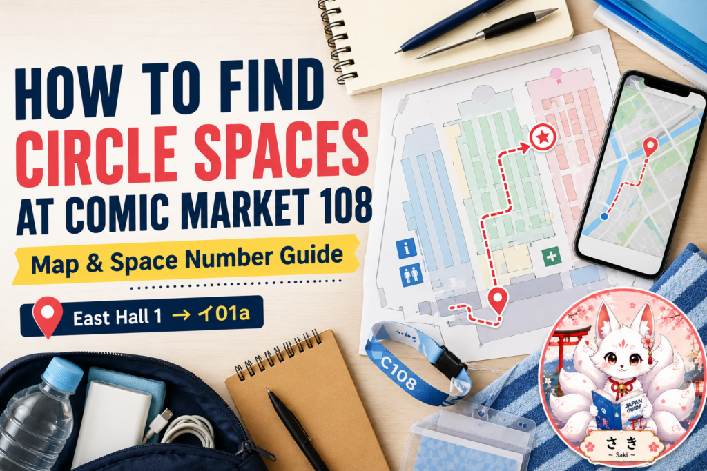 Comic Market 108 circle space map guide with hall map, space code, and Saki mascot