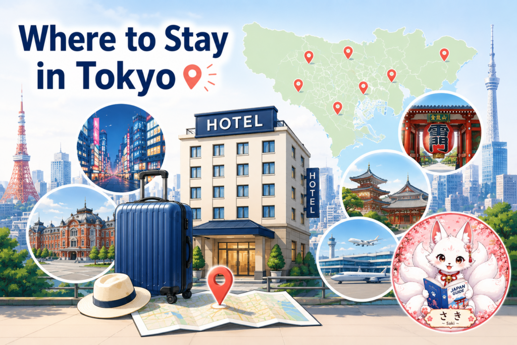 Illustration of a Tokyo hotel, suitcase, city landmarks, and Saki for a guide to choosing where to stay in Tokyo