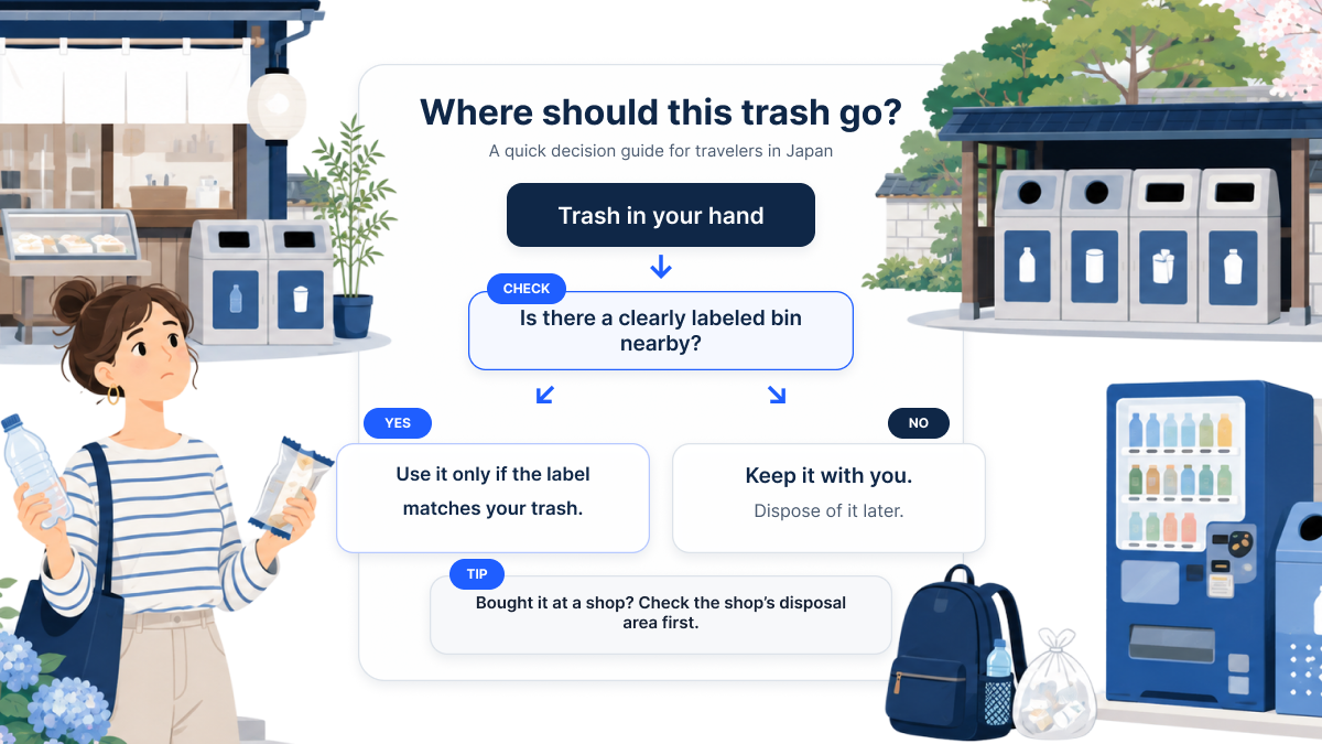 Simple decision guide for where to throw away trash while traveling in Japan
