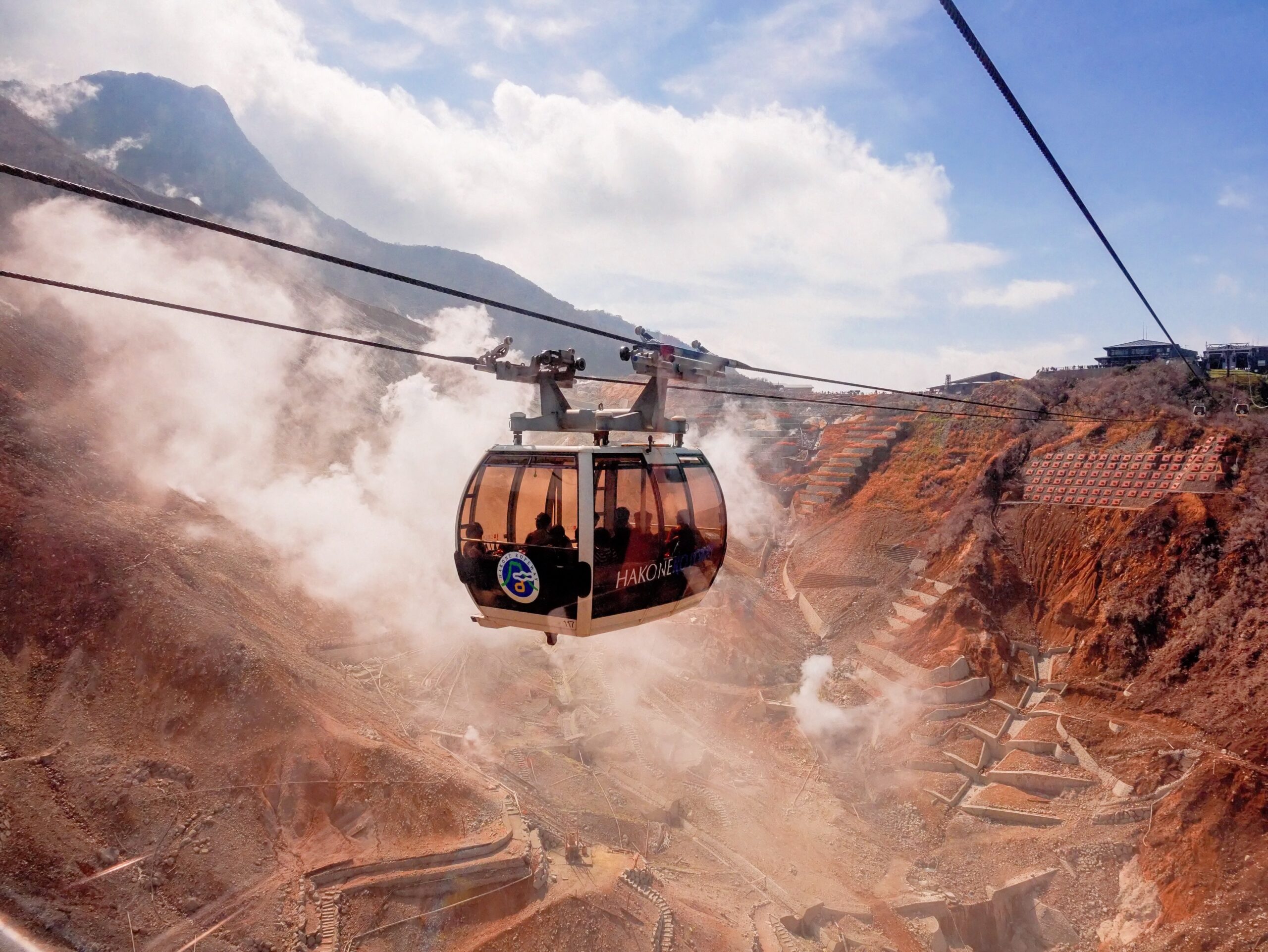 Hakone Ropeway gondola crossing the steaming volcanic valley at Owakudani