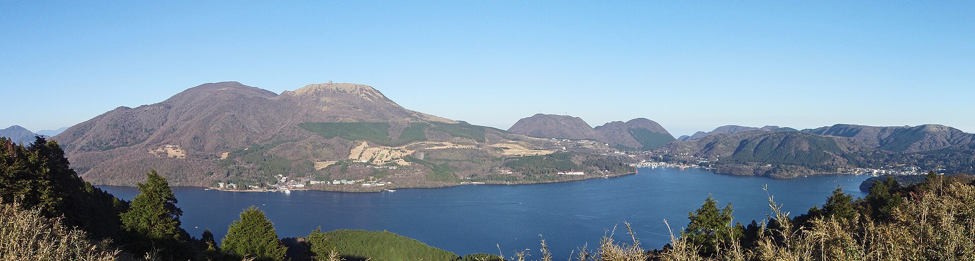 Panoramic view of Lake Ashi and the Hakone volcanic mountains