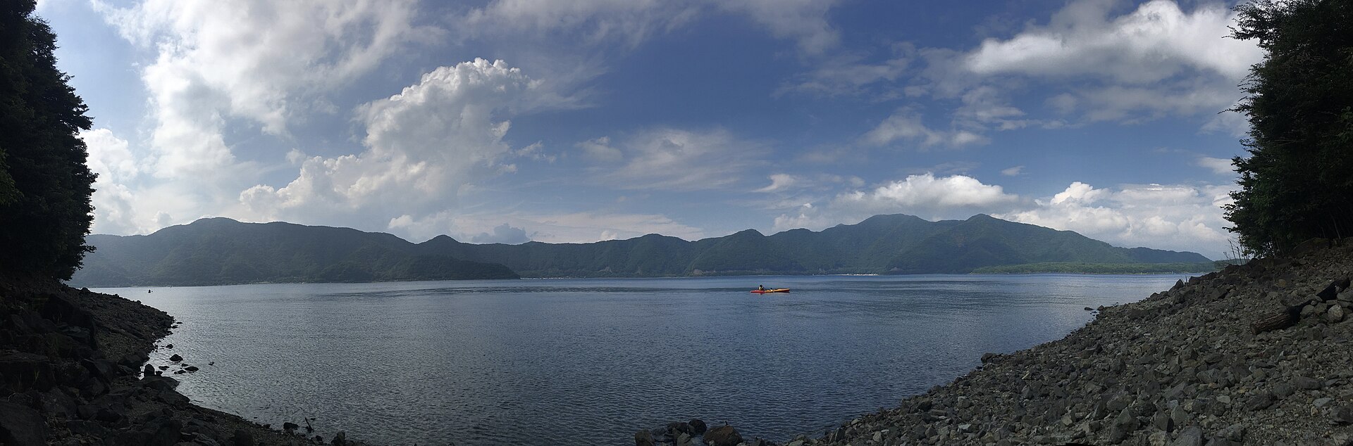 Wide summer panorama of Lake Motosu in Yamanashi