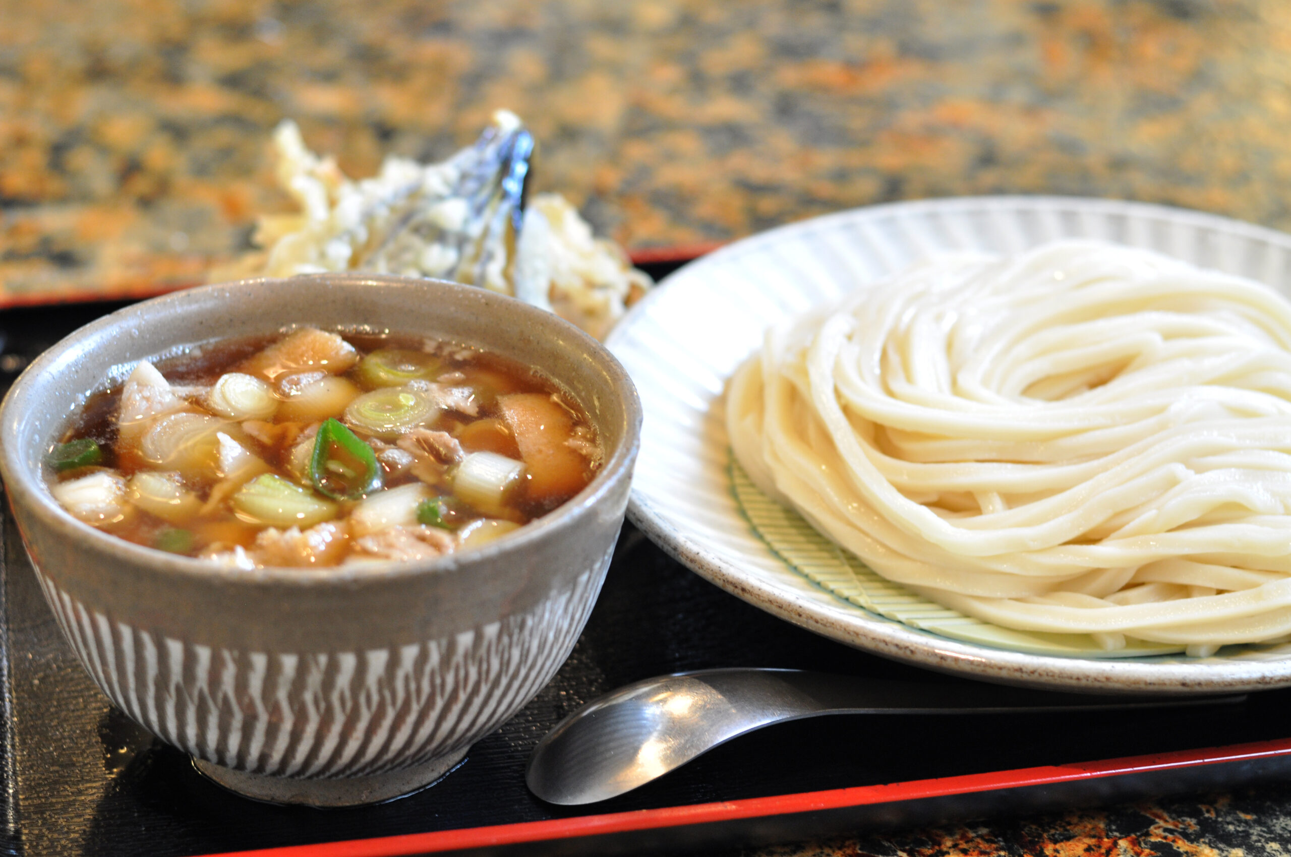 Musashino udon with thick noodles and pork dipping broth