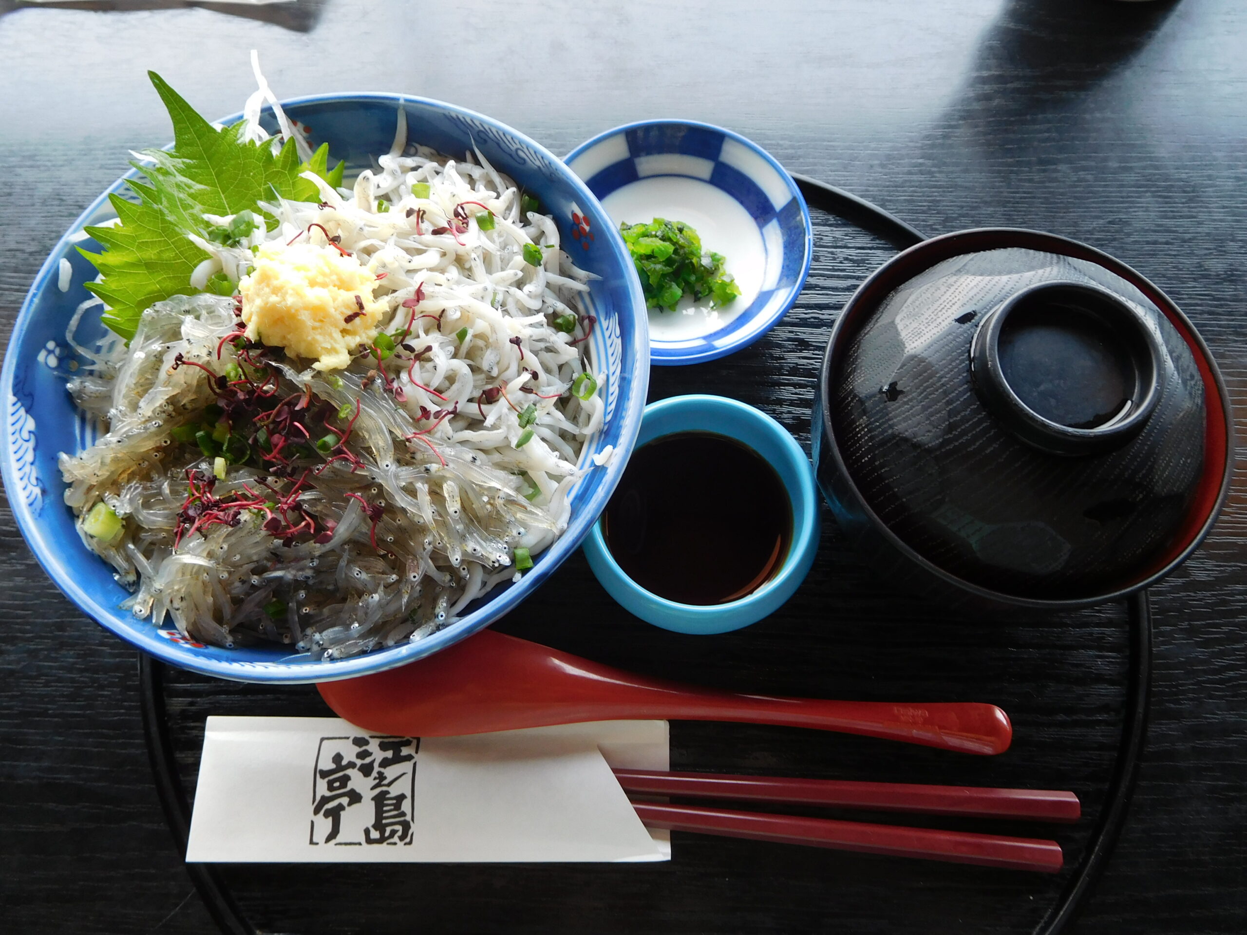 Two-color shirasu rice bowl with raw and boiled whitebait in Enoshima