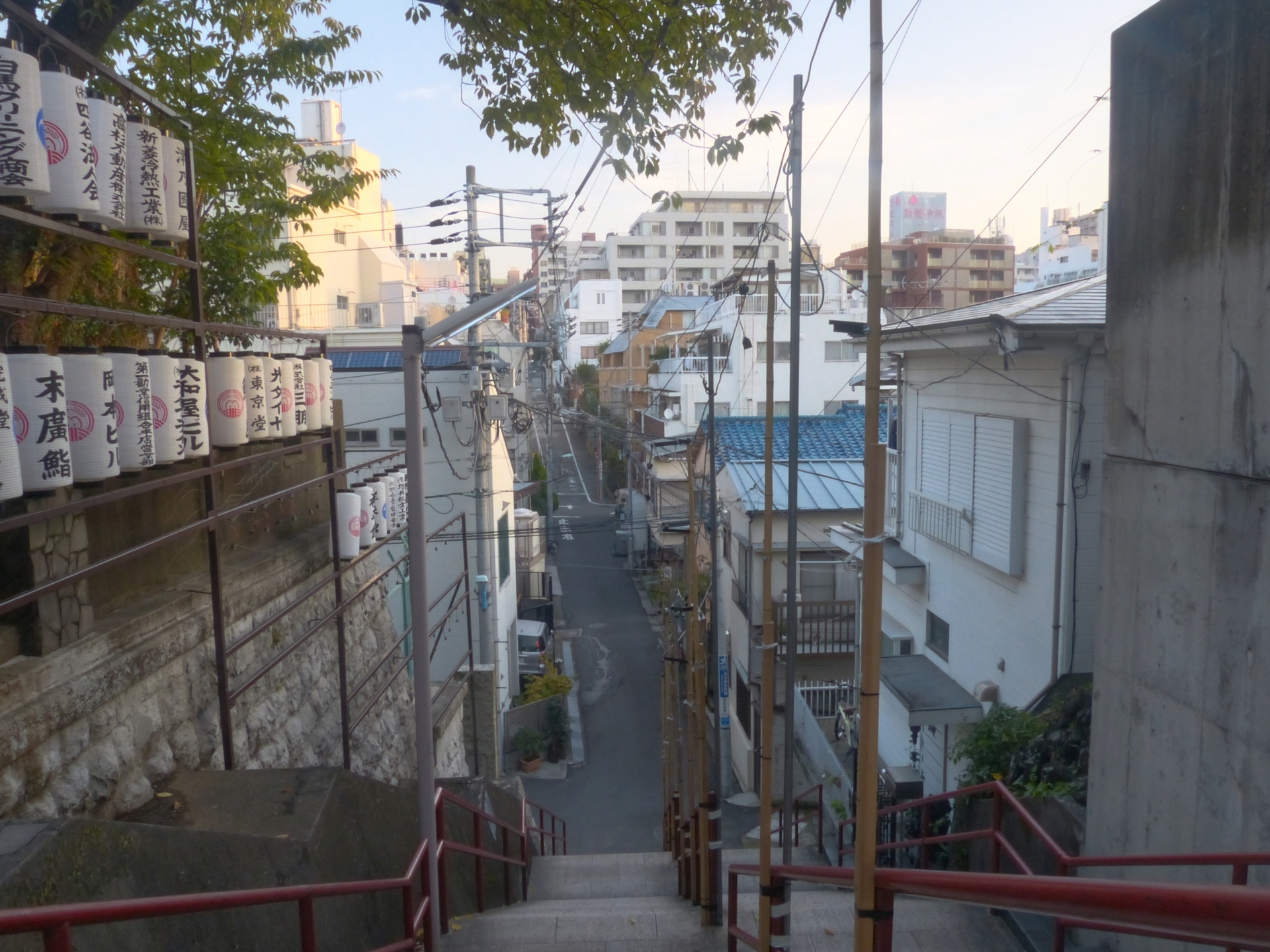 High-angle view down the Suga Shrine stairs in Yotsuya, Tokyo