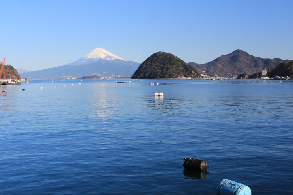 Awashima and Mount Fuji seen across Uchiura Bay in Numazu