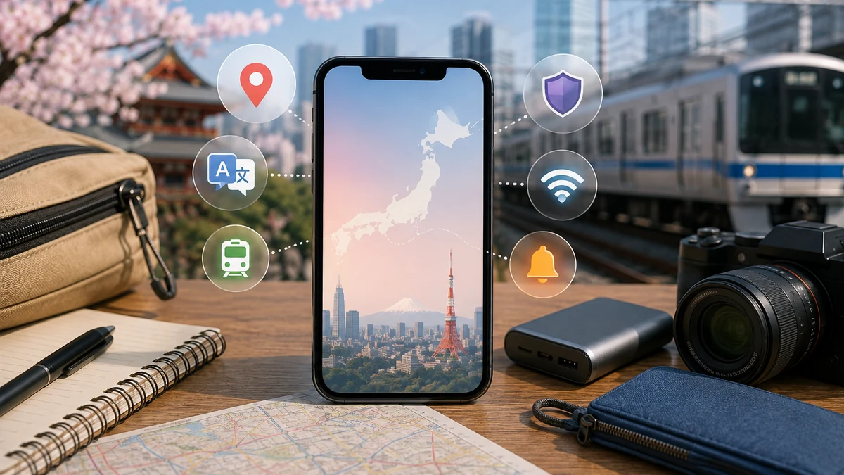 Smartphone with map, translation, train, safety, and Wi-Fi icons for planning a trip to Japan