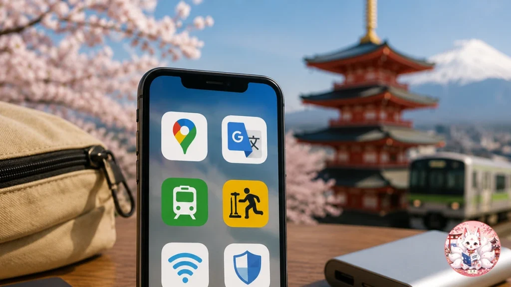Smartphone with travel apps and Japan scenery for a first-time visitor travel app guide