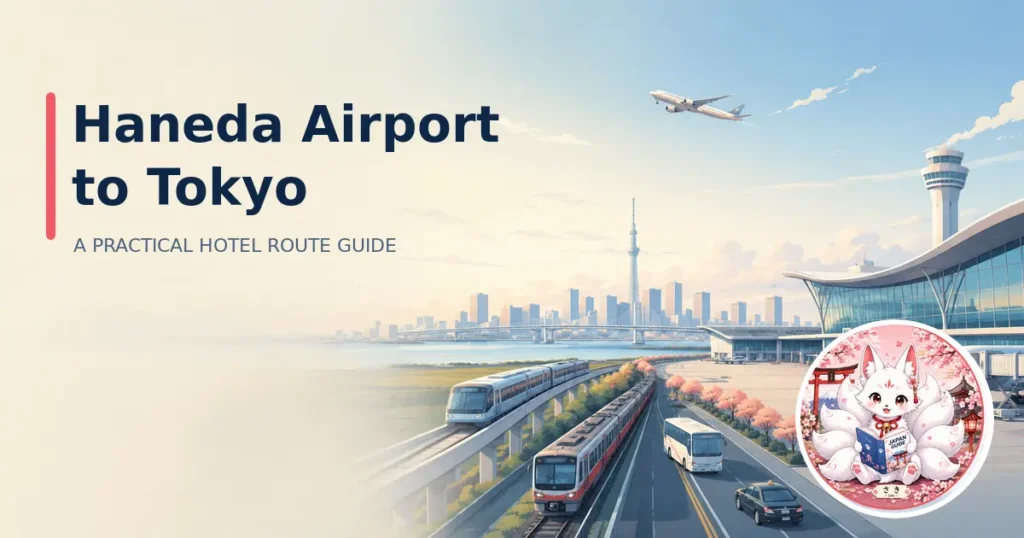 Haneda Airport transport guide showing Keikyu, Tokyo Monorail, bus, and taxi options to central Tokyo.