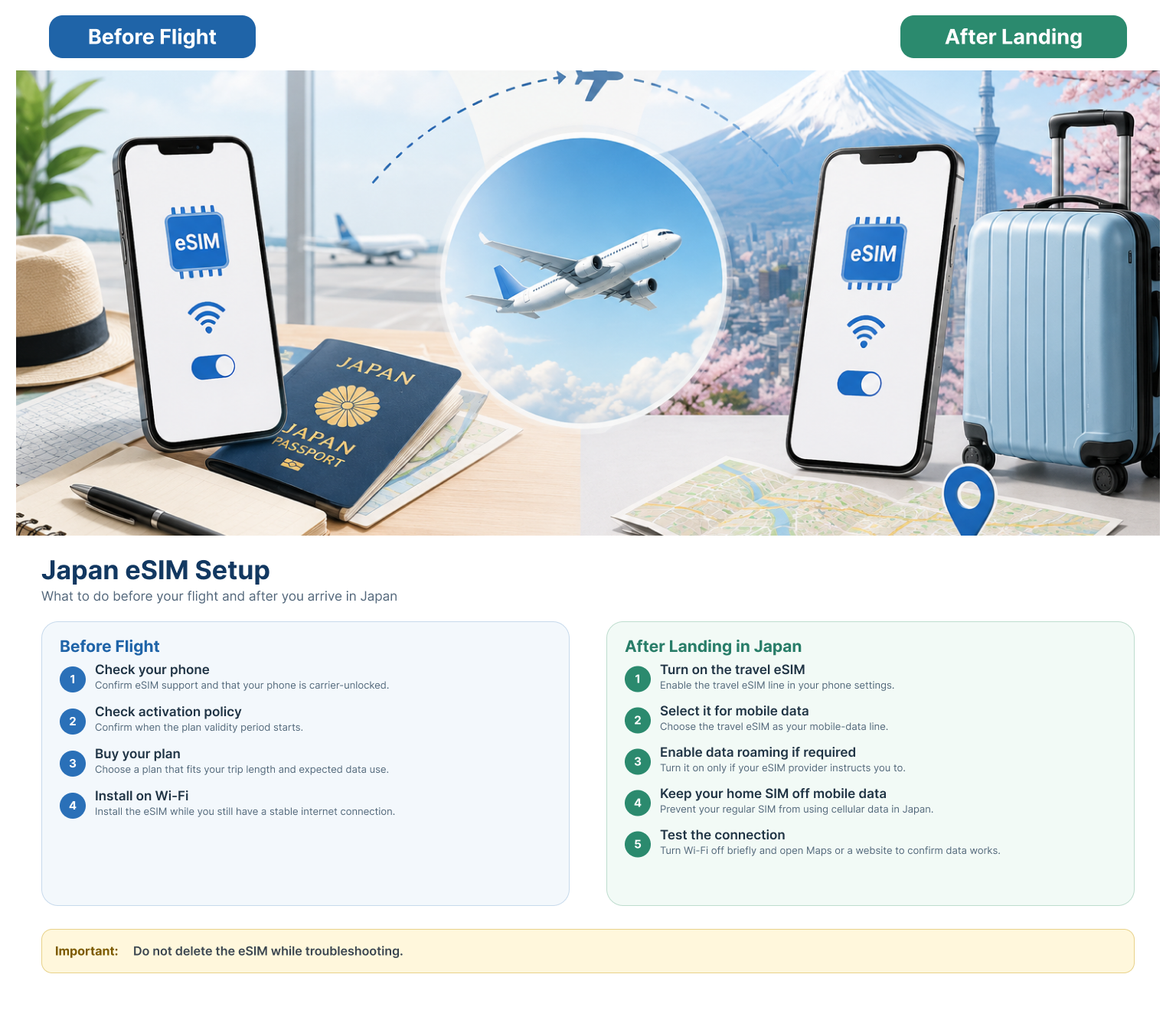 Japan eSIM setup steps before flying and after landing in Japan