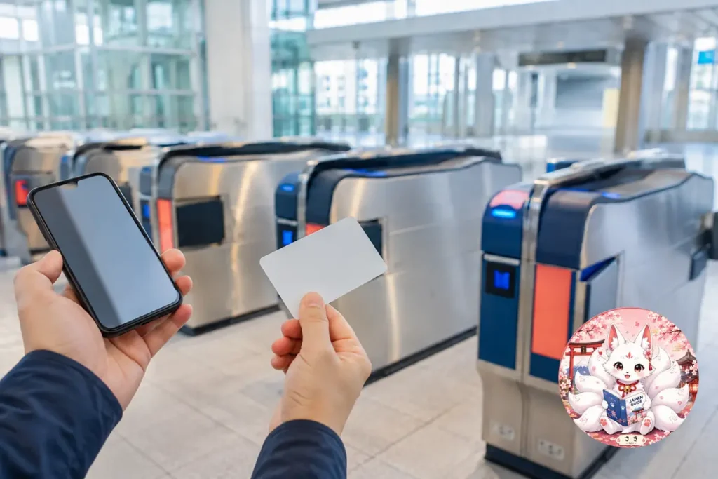 Japan IC card guide comparing a physical transit card and mobile option at Japanese ticket gates