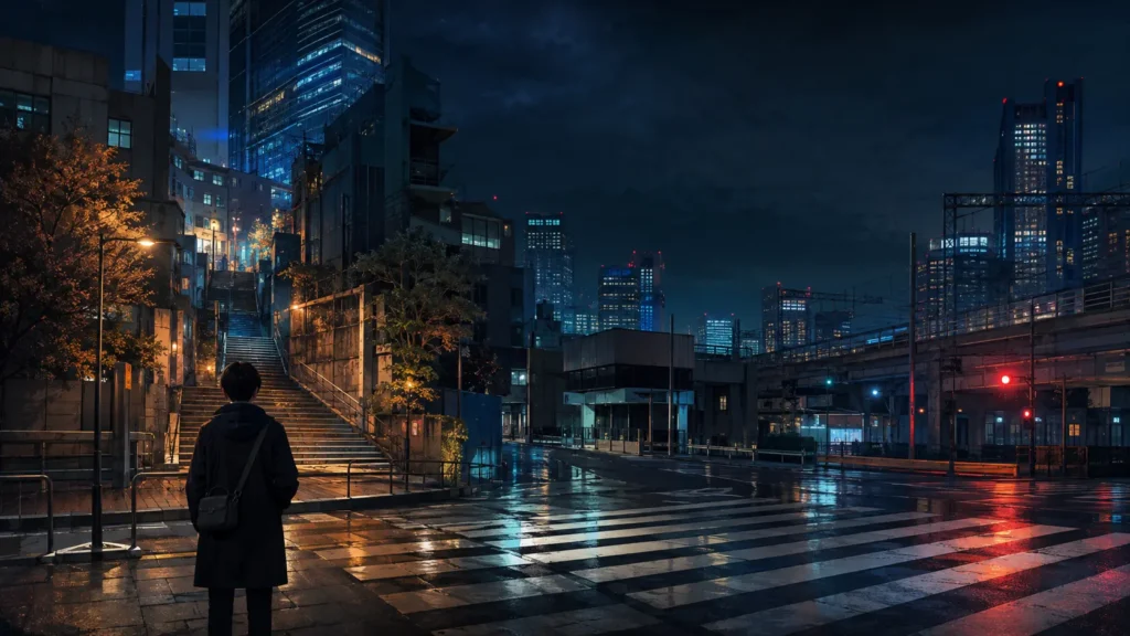 Illustrated nighttime Shibuya crossing and Udagawacho staircase for a Jujutsu Kaisen pilgrimage guide
