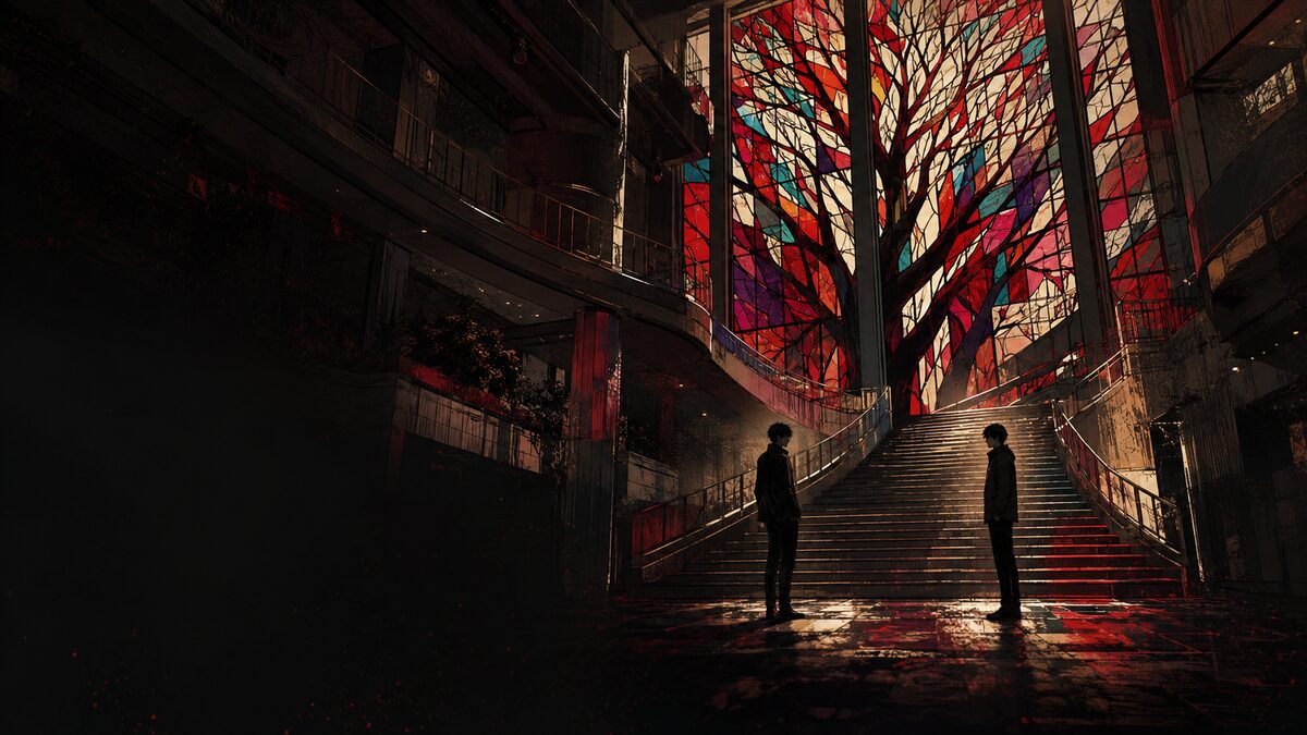 Illustrated occult atrium inspired by Iidabashi RAMLA for the Jujutsu Kaisen Season 3 Tokyo pilgrimage guide