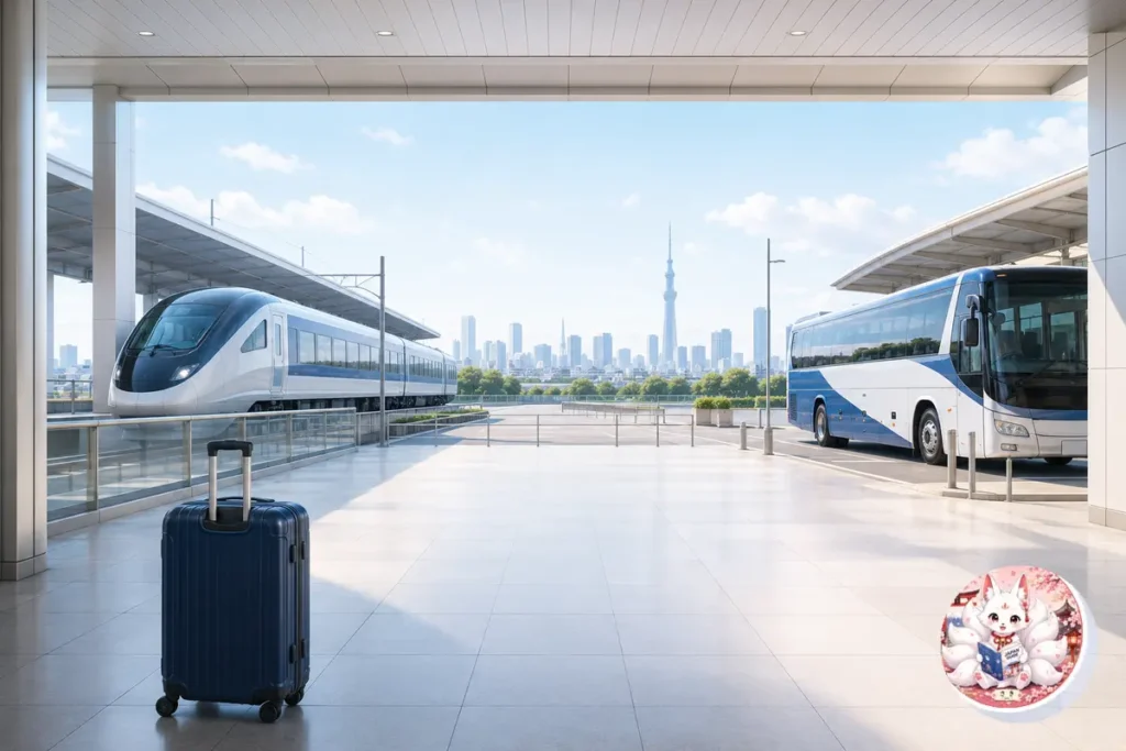 Airport express train, coach bus, suitcase, and Saki for a guide from Narita Airport to Tokyo