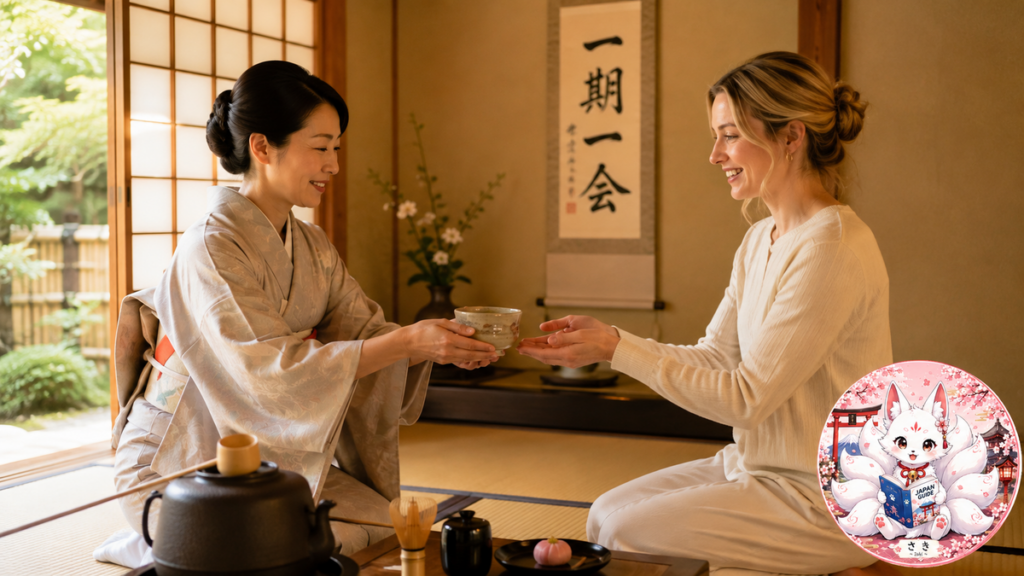 Visitor receiving matcha during a traditional tea ceremony in Tokyo