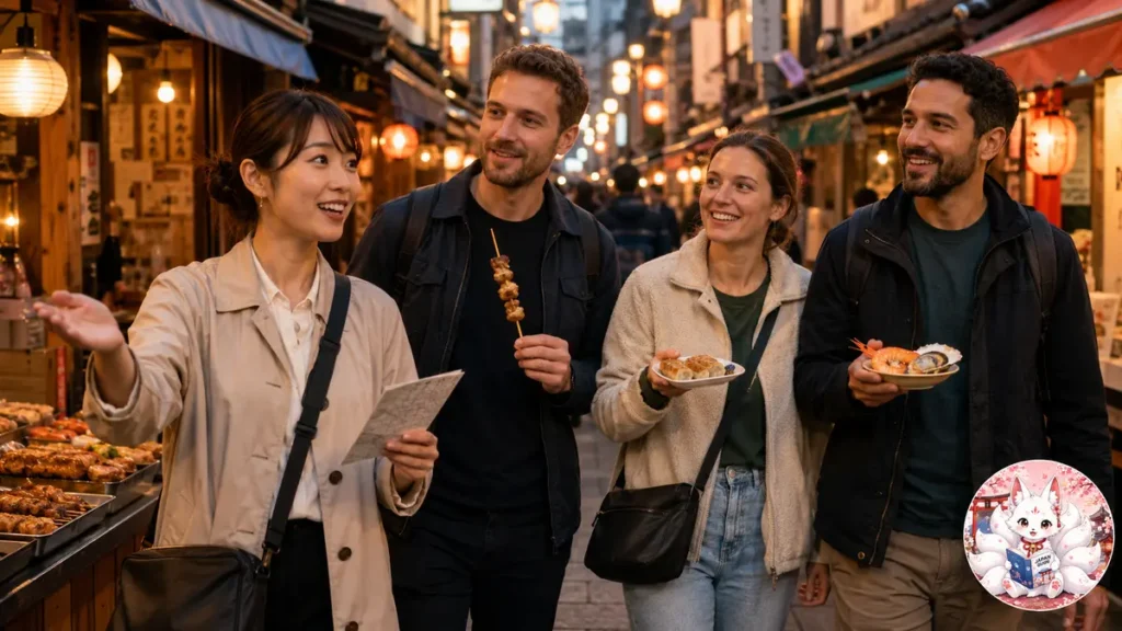An English-speaking guide leading first-time visitors on a food tour through a Tokyo izakaya alley