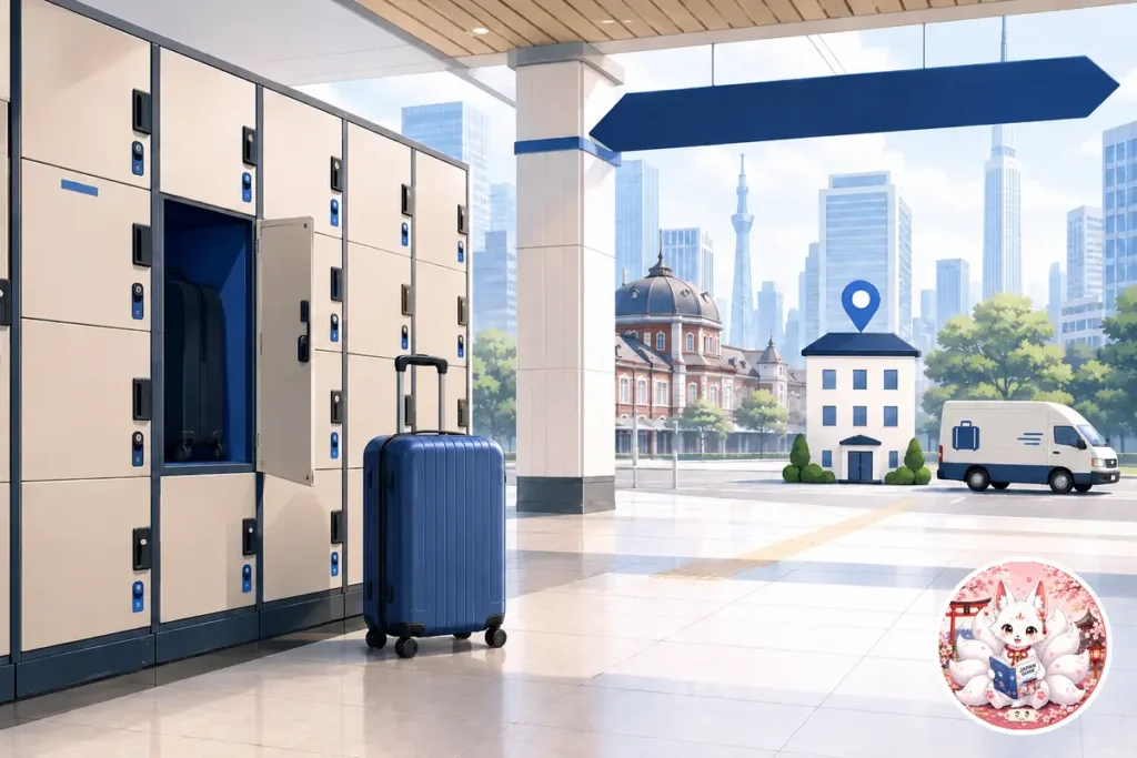 Illustration of coin lockers, a suitcase, a hotel, luggage delivery, and Saki in Tokyo