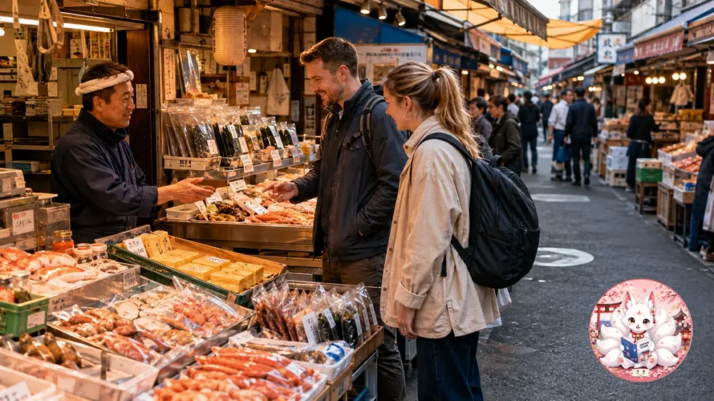 First-time international visitors exploring food stalls at Tsukiji Outer Market in Tokyo.