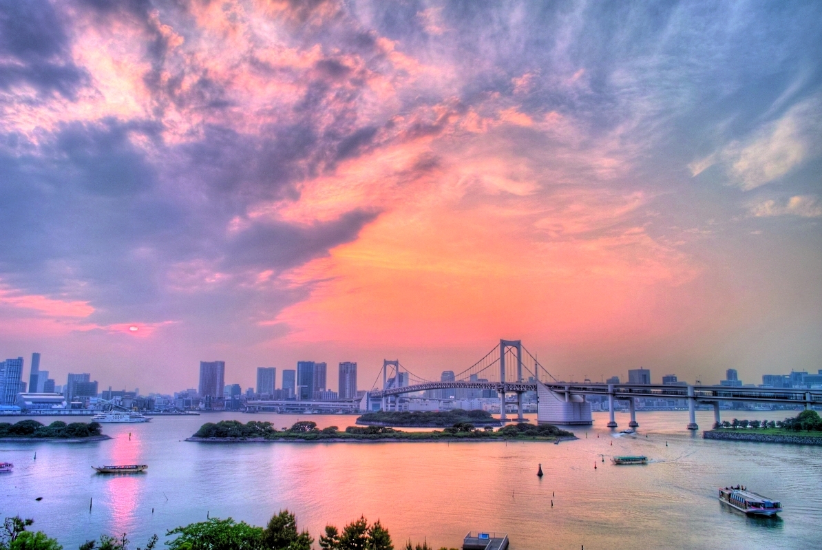 Rainbow Bridge from Odaiba Seaside Park at sunset