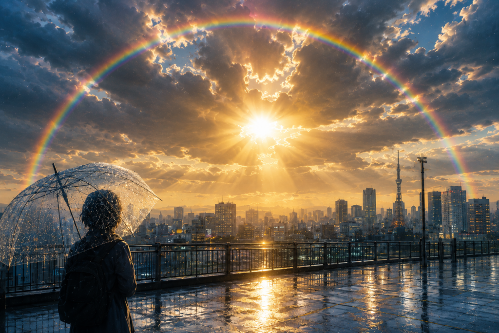 Illustrative Tokyo skyline after rain with a rainbow and transparent umbrella for the Weathering With You pilgrimage guide
