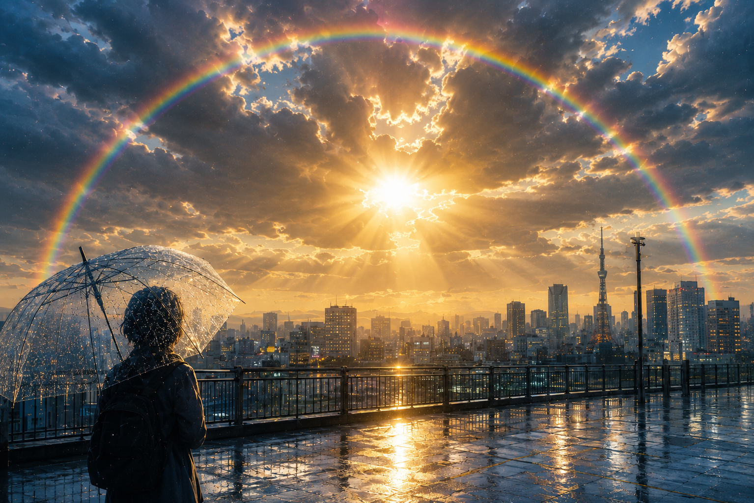 Illustrative Tokyo skyline after rain with a rainbow and transparent umbrella for the Weathering With You pilgrimage guide